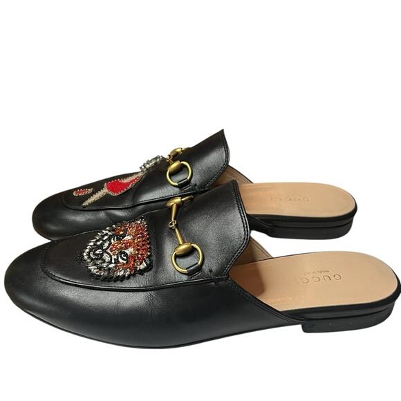 Gucci Black Leather Tiger and Pierced Heart Princetown Mule Slippers EU 38 US 8 - Picture 5 of 13